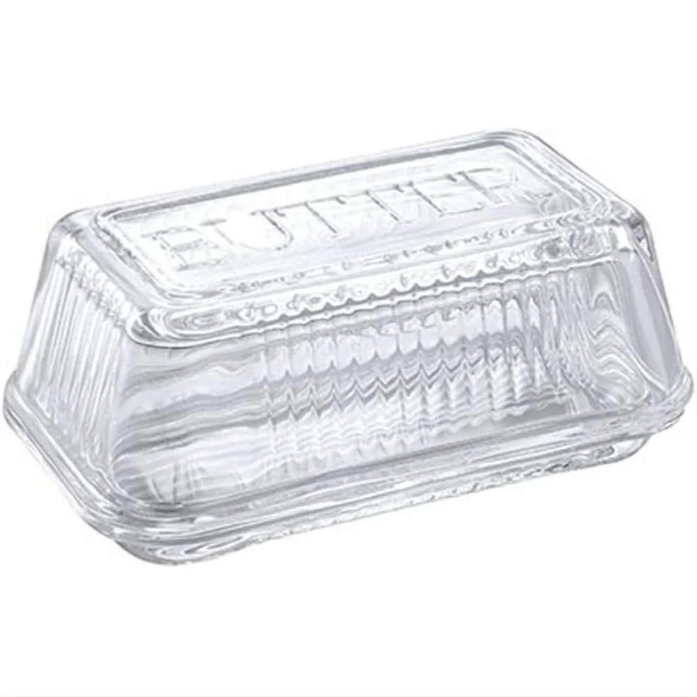 Clear Glass Butter Dish With Ribbed Sides And Embossed Letters Farmhouse